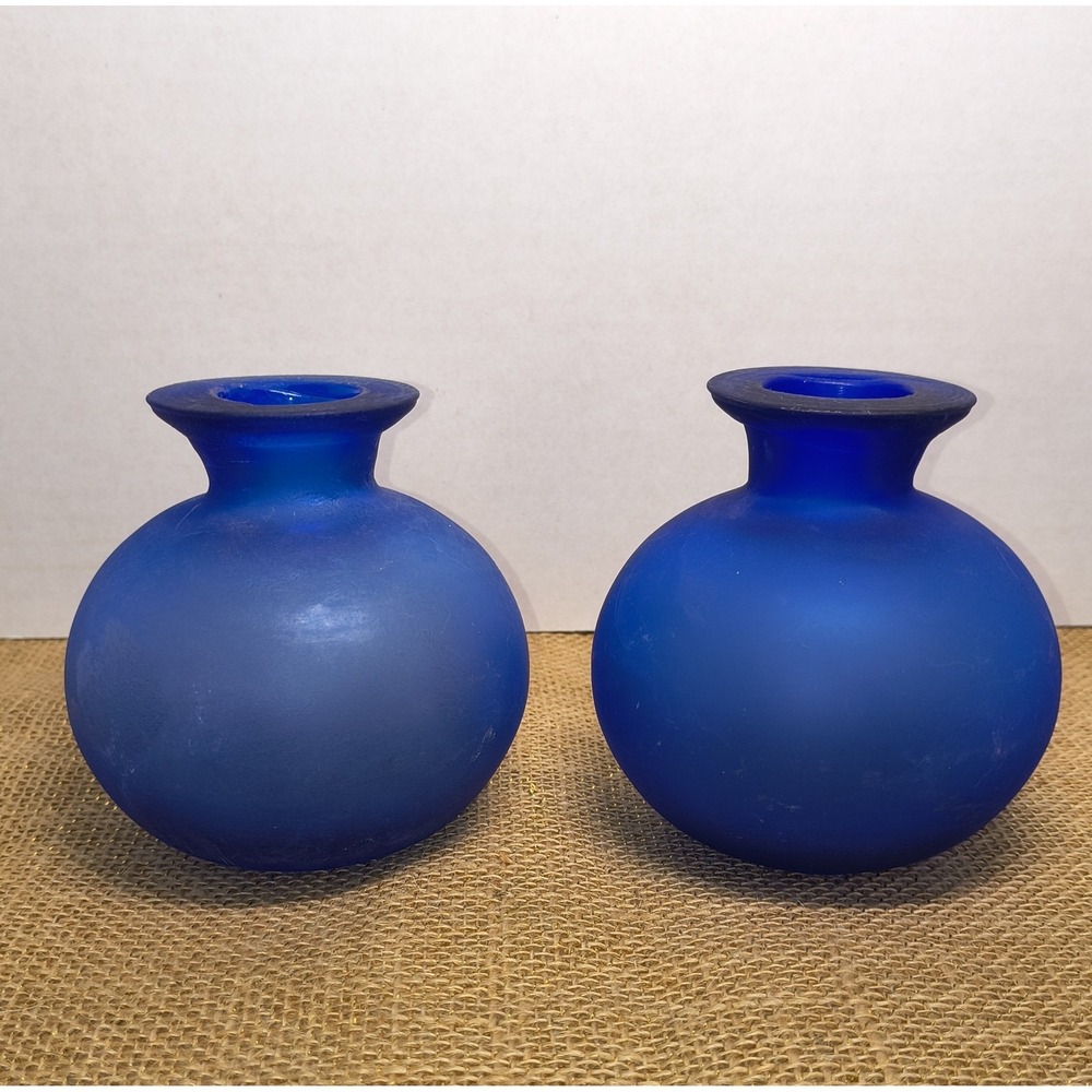 Cobalt‎ Blue Frosted Glass Vase Set  Handmade Flat Cut Bohemian Czech Art Glass